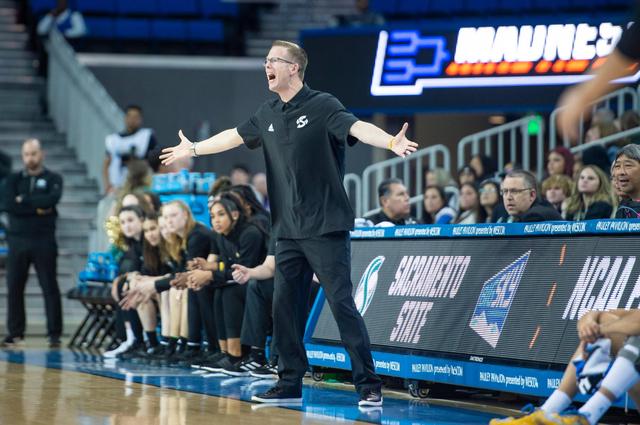 Then-Sacramento State Hornets coach Mark Campbell reacts to a play in a first-round 2023 NCAA women’s basketball tournament against UCLA in Los Angeles.